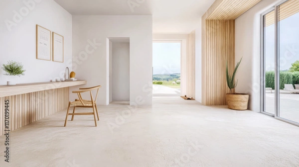 Fototapeta Modern interior design featuring minimalist decor and natural light in a spacious environment