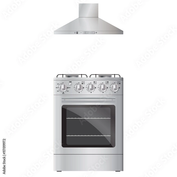 Fototapeta Gas stove and hood. Vector realistic image. Isolated on white ba