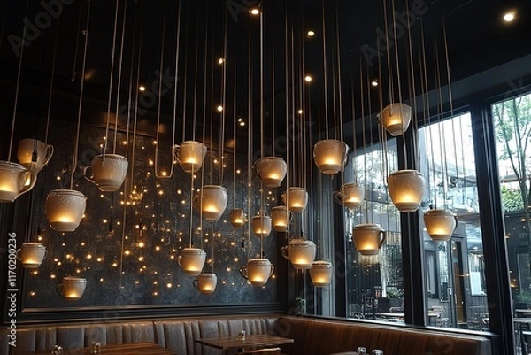 Fototapeta Unique cafe lighting with suspended teacup lights creating a warm and inviting atmosphere.