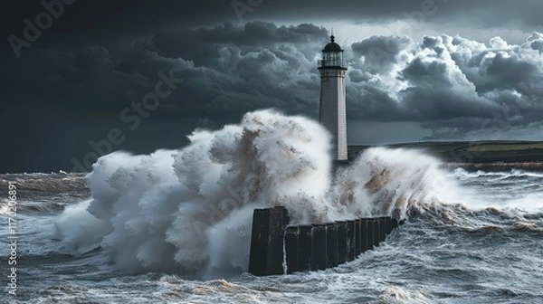 Obraz Dramatic Lighthouse Facing Powerful Waves Under Stormy Skies