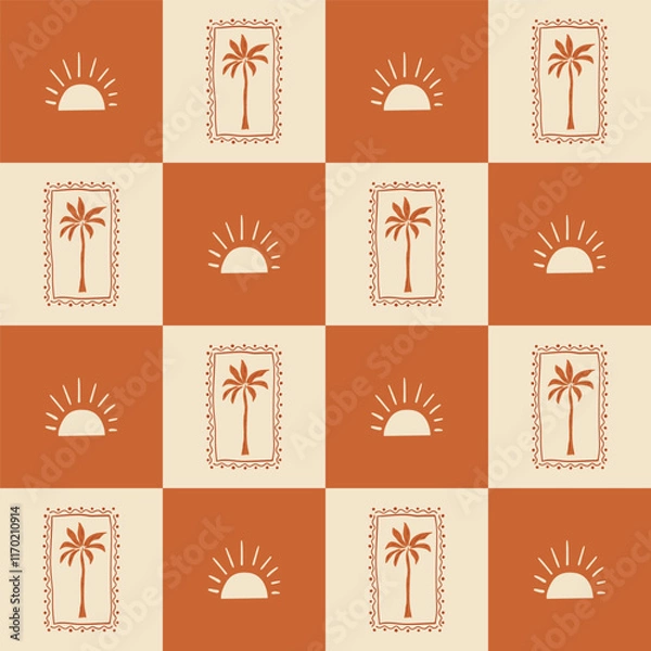 Fototapeta Brown checkered summer tropical seamless pattern with palm tree and sun. Cute hand drawn beach print, fabric, textile, wallpaper, repeat background Vector illustration in boho style. Hippie ornament.