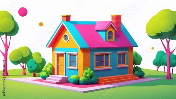 Fototapeta AI generative. Graphic 3d illustration of small house building with vibrant colors on white background. Set 2