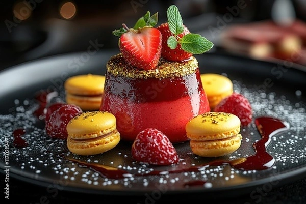 Fototapeta Elegant dessert: strawberry mousse with macarons and gold leaf.