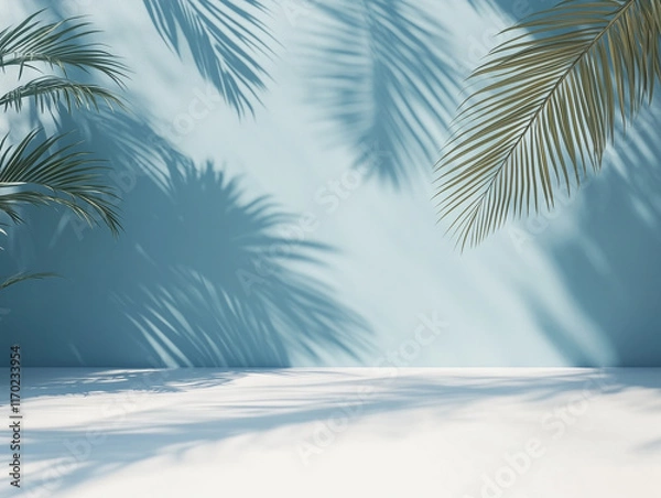 Obraz minimalist concept with palm leaves casting shadows on a blue wall and pastel floor, creating a summer tropical beach background in an empty room ideal for product placement