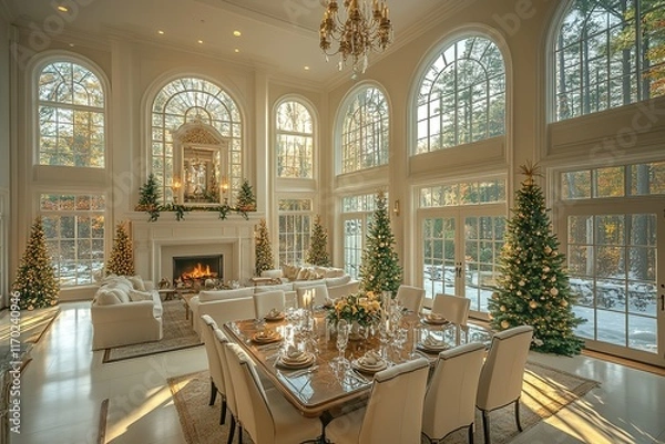 Obraz Elegant Christmas dining room with large windows and a fireplace, decorated for the holidays.