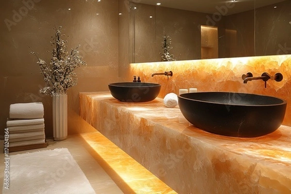 Fototapeta Modern bathroom with onyx countertop and dark sinks.  Backlit vanity adds a luxurious touch.