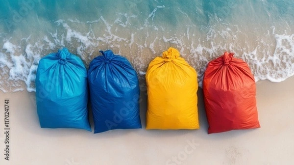 Fototapeta Colorful garbage bags arranged in a row on a beach shore near the waves, capturing a contrast between waste and nature.