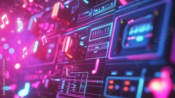 Fototapeta Close-up of retro audio equipment with neon lighting accents and floating music notes, ideal for music, tech, and 80s/90s-inspired design themes.