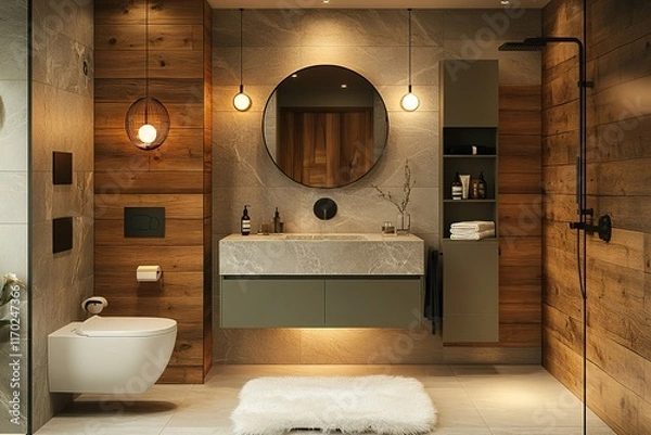 Fototapeta Modern bathroom with wood and stone accents.  Elegant design features a floating vanity, round mirror, and a sleek shower.