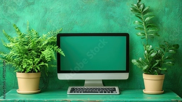 Fototapeta Computer setup with plants on a green background.