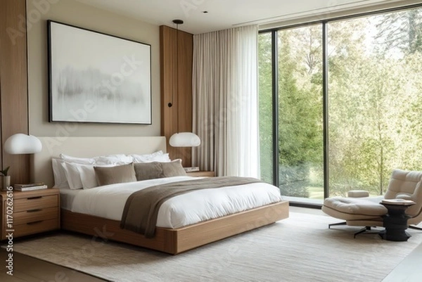 Fototapeta A contemporary bedroom featuring streamlined furniture pieces, neutral tones, and minimalistic decor. Utilize clean lines, large windows 
