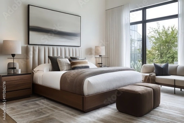 Fototapeta A contemporary bedroom featuring streamlined furniture pieces, neutral tones, and minimalistic decor. Utilize clean lines, large windows for natural light, and integrated storage solutions. 
