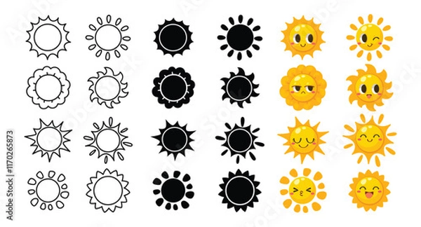 Fototapeta Illustration of variety sun designs, simple line art, solid silhouettes, and cheerful cartoon style suns with expressive faces. ideal for icons, labels, or digital decoration.