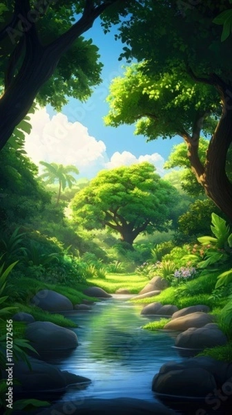 Obraz Lush green forest with a tranquil stream flowing through it, sunlight filtering through the leaves.