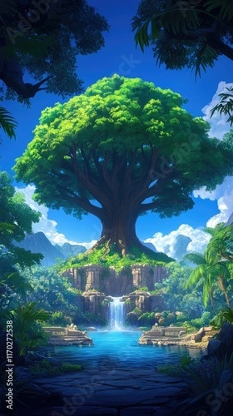 Obraz Lush green tree with waterfall in tropical jungle setting.