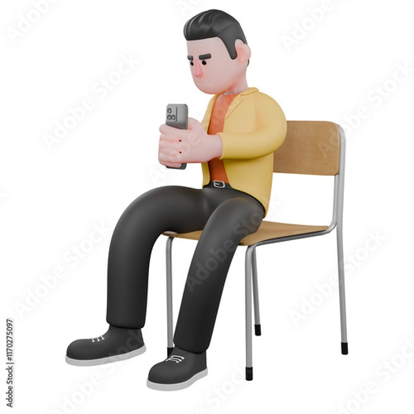 Fototapeta Designer Skills Set Characters 3D Model. A male designer sits holding a mobile phone in his left hand, expression of focus. Cartoon Style