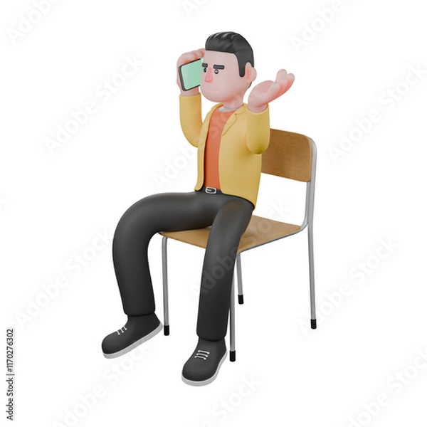 Fototapeta Designer Roles in Art Set 3D Model. A male designer sits with his left hand open, and picks up the phone held in his right hand, expression of not knowing. Cartoon Style