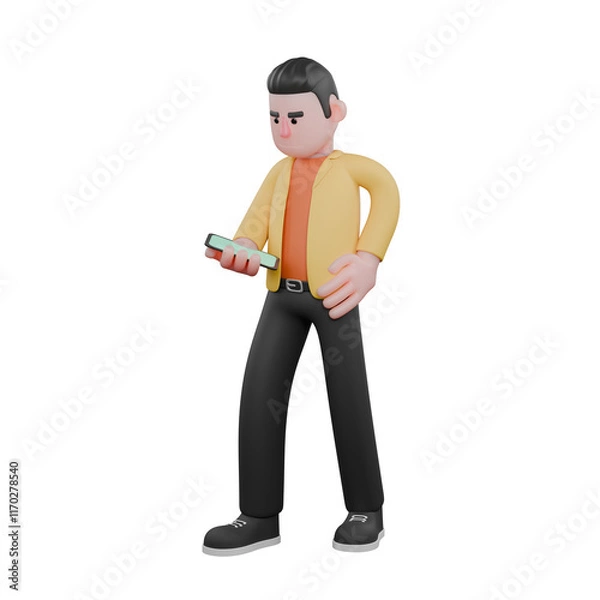 Fototapeta Designer Skills Set Characters 3D Model. A male designer walks carrying a mobile phone in his right hand while looking at it. Cartoon Style