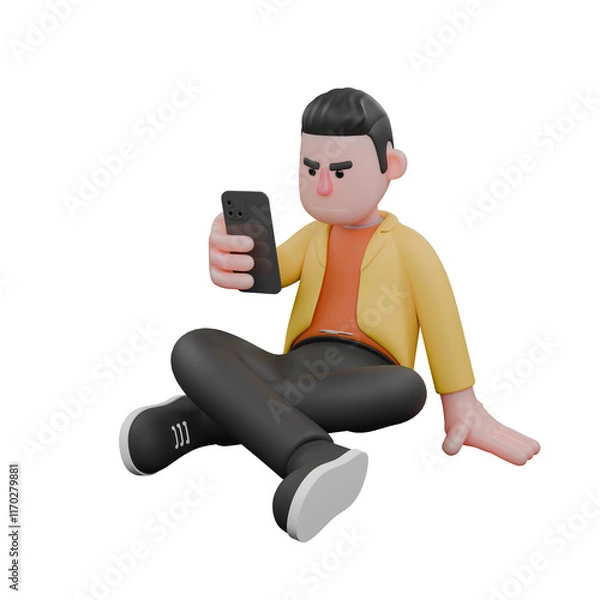 Fototapeta Designer Roles in Art Set 3D Model. A male designer sits cross-legged with his left hand touching the floor, and holding a mobile phone in his right hand, expression of relaxing. Cartoon Style