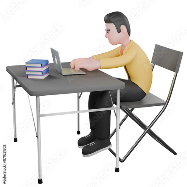 Fototapeta Full Designer Workflow Characters 3D Model. A male designer set sits with a laptop on the table while typing on the keyboard with both hands. Cartoon Style