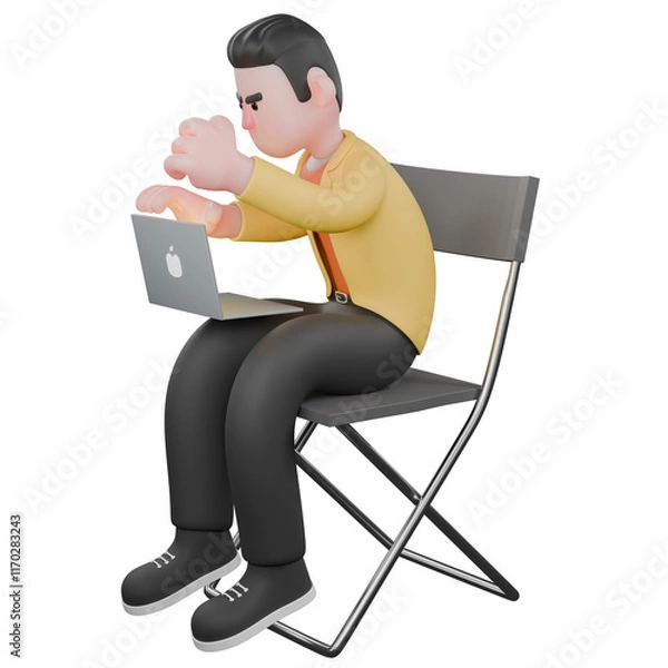 Fototapeta Designer Skills Set Characters 3D Model. A male designer set sits with a laptop on his lap and his right hand wants to close the laptop, and his left hand is clenched. Cartoon Style