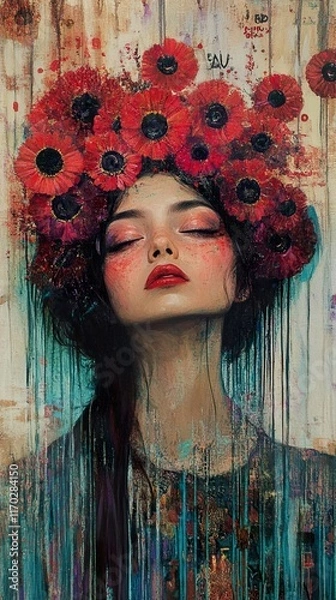 Fototapeta Serene Woman with Poppy Crown: A Modern Painting