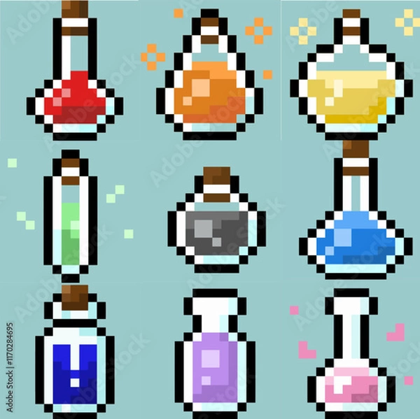 Fototapeta a set of potions for playing pixel art