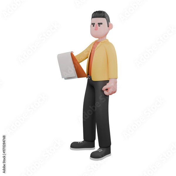 Fototapeta Designer Roles in Art Set 3D Model. A male designer set stands with his left hand clenched, holds a clipboard in his right hand, an expression of looking at something in front of him. Cartoon Style