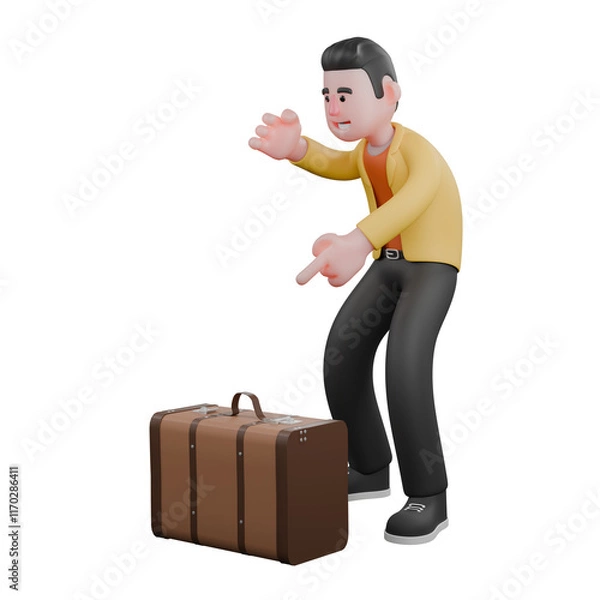 Fototapeta Full Designer Workflow Characters 3D Model. A male designer set stands with his right hand waving, and his left hand points towards the bag in front of him, an expression of telling. Cartoon Style