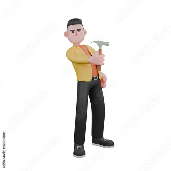 Fototapeta Designer Skills Set Characters 3D Model. A male designer set stands with his body slightly back while carrying a hammer in his right hand. Cartoon Style