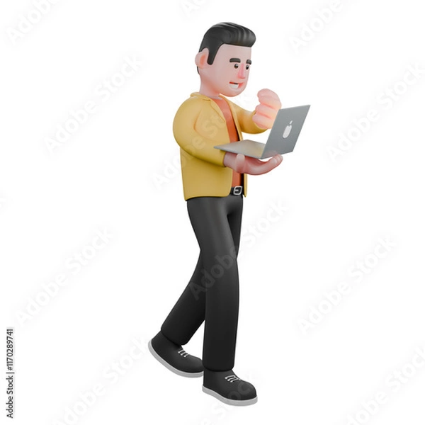 Fototapeta Designer Roles in Art Set 3D Model. A male designer set walks carrying a laptop in his right hand, expression speaking. Cartoon Style