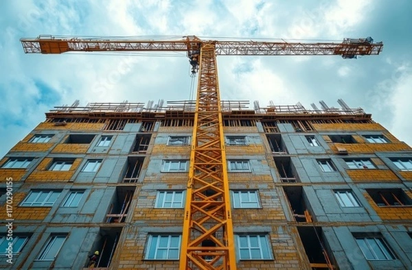 Fototapeta Modern Construction Site with Crane and Building Progress Overview