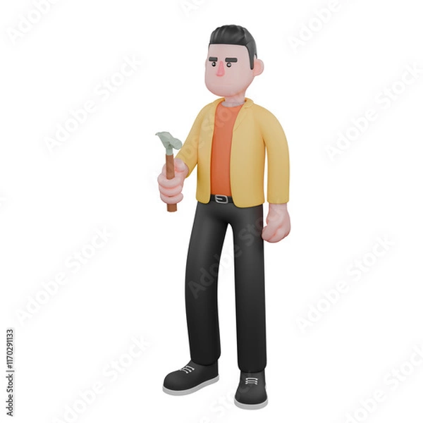 Fototapeta Full Designer Workflow Characters 3D Model. A male designer set stands holding a hammer in his right hand, and his left hand is clenched. Cartoon Style