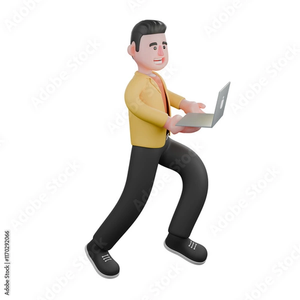 Fototapeta Designer Skills Set Characters 3D Model. A male designer set runs carrying a laptop with both hands. Cartoon Style