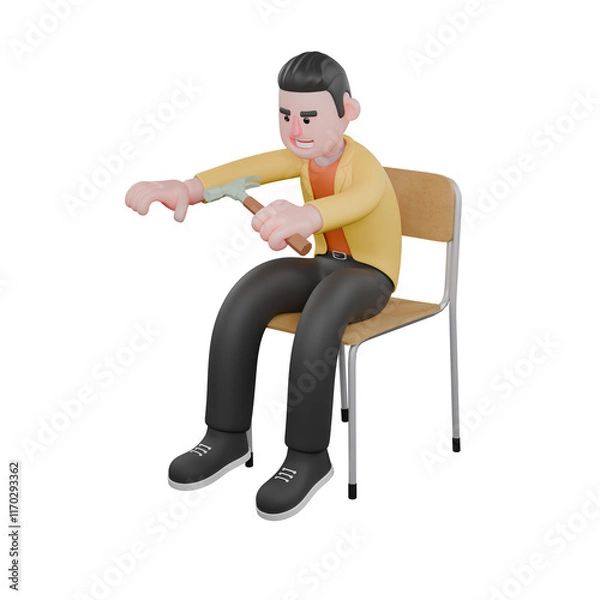Fototapeta Designer Roles in Art Set 3D Model. A male designer set sits with his body bent over while holding a hammer in his left hand, and his right hand wants to grab something. Cartoon Style