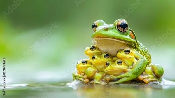 Fototapeta A frog carrying her tadpoles in a shallow stream.
