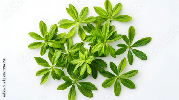 Fototapeta Fresh Green Woodruff Leaves Arranged on White Background