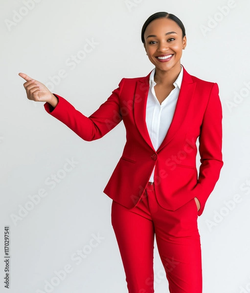 Fototapeta A professional woman wearing a red blazer and white shirt, smiling confidently, pointing with her right hand outward to the side as if indicating a message or text.