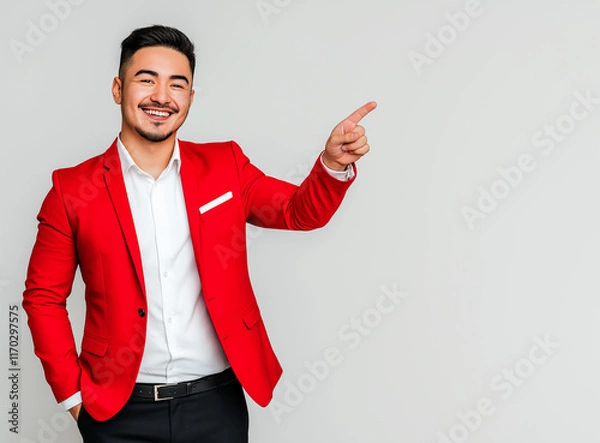 Fototapeta A professional man wearing a red blazer and white shirt, smiling confidently, pointing with her right hand outward to the side as if indicating a message or text.