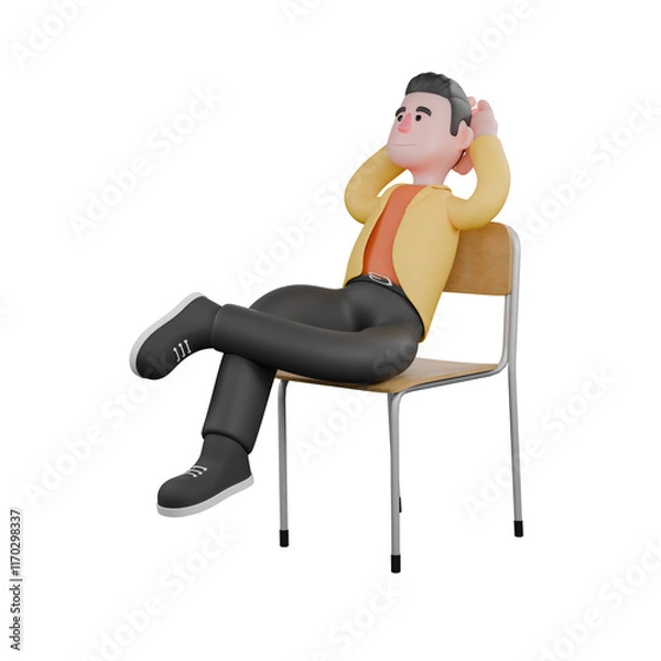 Fototapeta Designer Skills Set Characters 3D Model. A male designer sits with his left leg crossed, and both hands are behind his head, relaxed expression. Cartoon Style