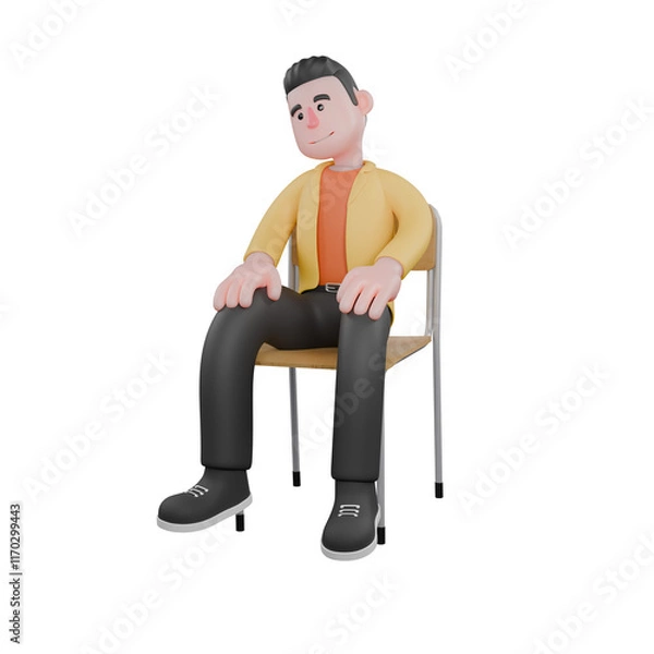 Fototapeta Designer Roles in Art Set 3D Model. A male designer sits with both hands on his knees, and his head is slightly tilted to the right. Cartoon Style