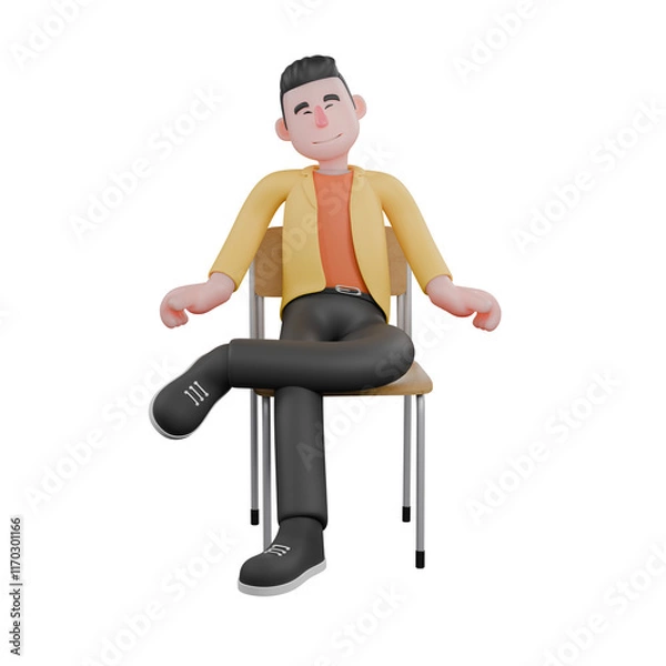 Fototapeta Full Designer Workflow Characters 3D Model. A male designer sits with his left leg crossed and both hands beside his waist while his eyes are closed. Cartoon Style