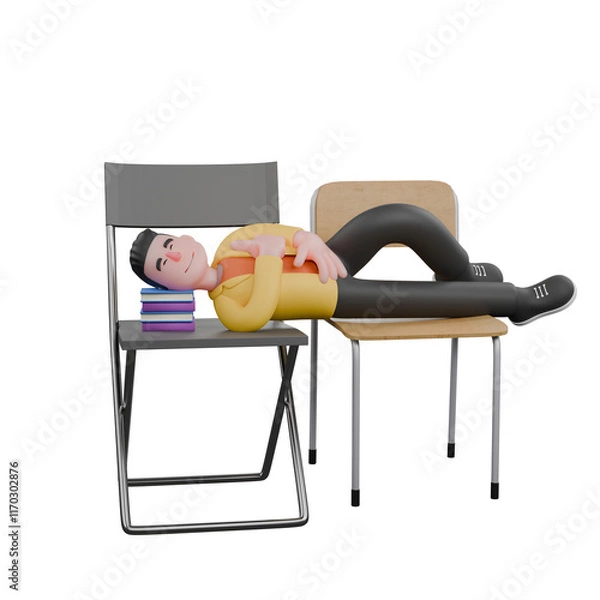 Fototapeta Designer Skills Set Characters 3D Model. A male designer lies with both hands in front of his chest, and his head rests on a book as a pillow while his eyes are closed. Cartoon Style