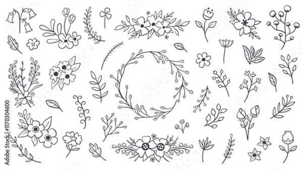 Fototapeta Cute hand-drawn floral wreath and isolated floral items in line art style, perfect for decorating gift cards, prints and crafting projects. A total of 40 isolated items. Vector illustration.
