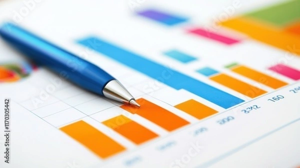Obraz Business Analytics: Colorful Bar Graph and Blue Pen