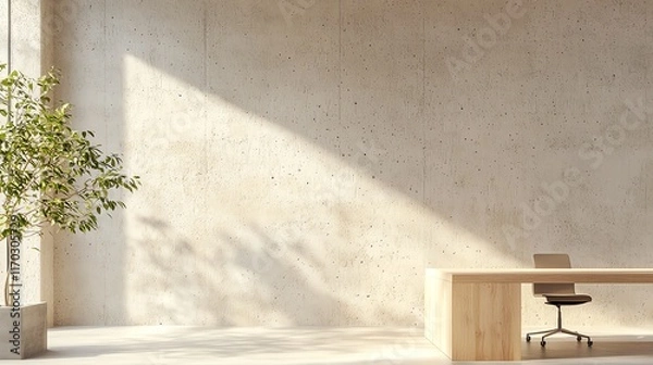 Fototapeta Sunlit minimalist office interior with wooden desk and plant, creating a serene workspace environment.