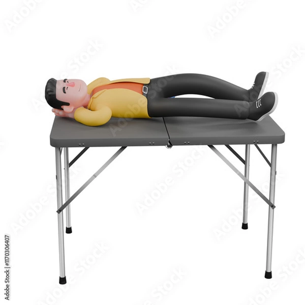 Fototapeta Full Designer Workflow Characters 3D Model. A male designer lies on a folding table with both hands are behind the head, sleeping expression. Cartoon Style