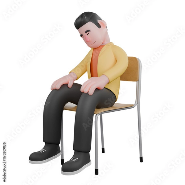 Fototapeta Designer Skills Set Characters 3D Model. A male designer set sitting with his hands on his knees, and looking down while his eyes are closed. Cartoon Style