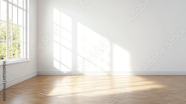 Fototapeta Sunlight streams into an empty room with hardwood floors and white walls.