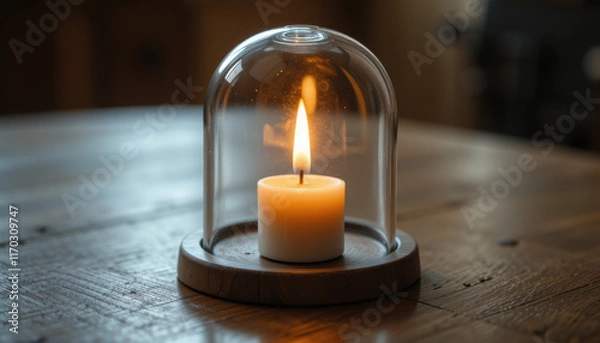 Fototapeta A candle under a glass dome on a wooden table, creating ambiance.